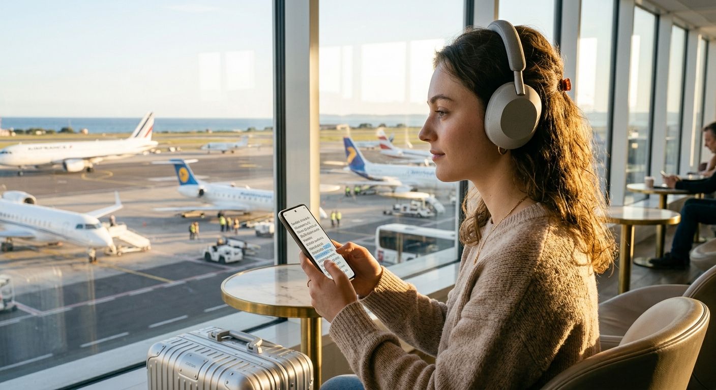 A traveler listens to audio while reading on her phone beside the airport runway.