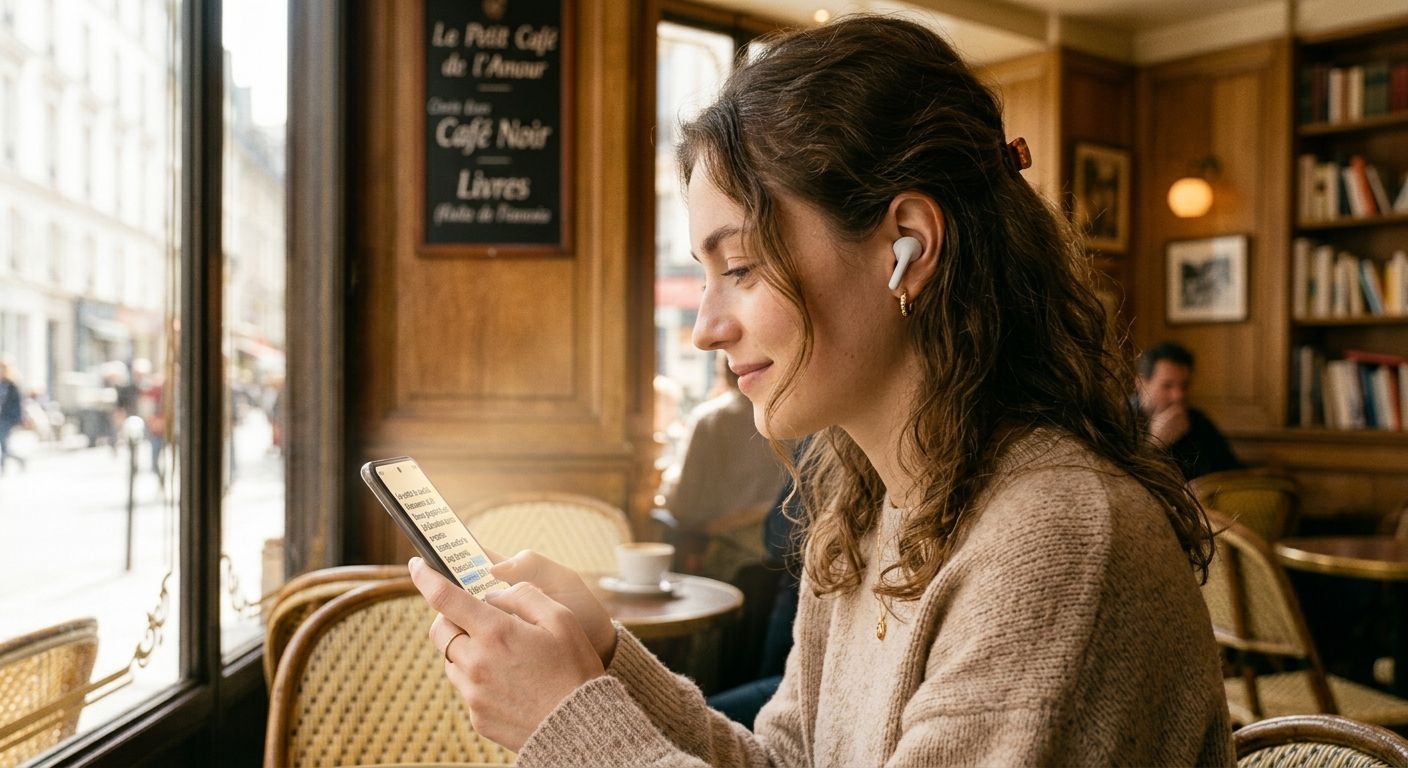 A woman reads foreign-language text on her phone in a sunlit Paris café.