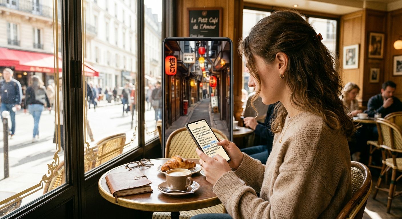 A reader explores Japanese street text on her phone at a Paris café.
